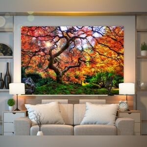 Orange Backdrop Floral Large Tree Nature Canvas Painting Art Wall Hanging Cute